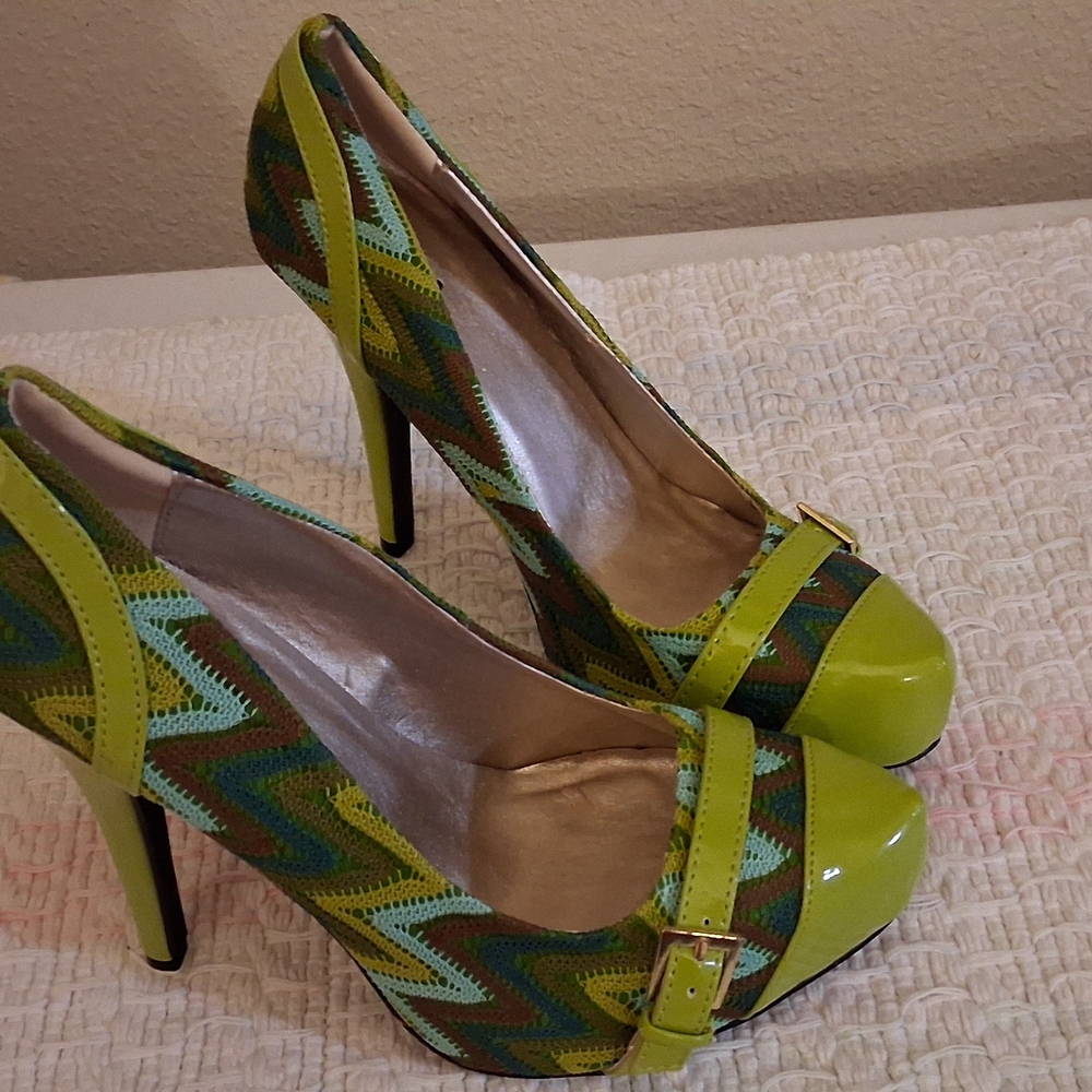 Cupid Green and Brown Platform Heels with Stiletto Size 7 0144